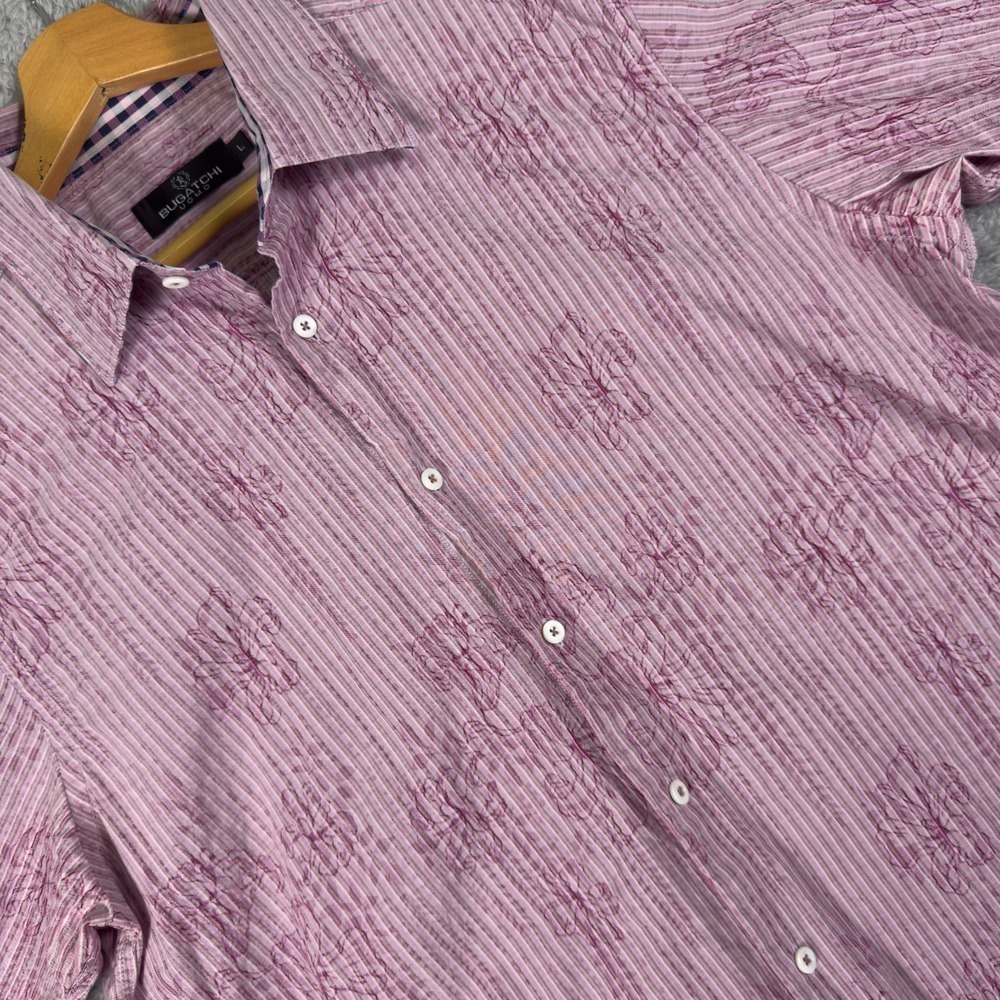 Bugatchi Uomo Mens Large Pink Purple Striped Floral Short Sleeve Shirt